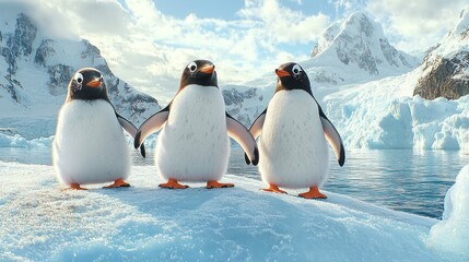 Fototapeta premium Three adorable penguins stand together on snowy ground near icy water and mountains