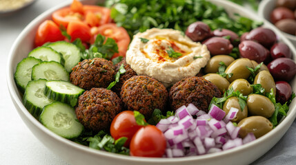 A high-quality food photography of a Mediterranean-style salad bowl featuring falafel, diced cucumbers, tomatoes