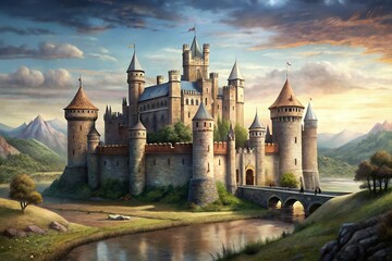 A majestic fairytale castle nestled in a serene valley at sunset, with lush greenery and a tranquil river reflecting its grandeur.