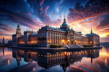 Obraz premium A majestic palace reflects on tranquil waters under a breathtaking, starlit sunset sky, its golden lights twinkling like fallen stars.