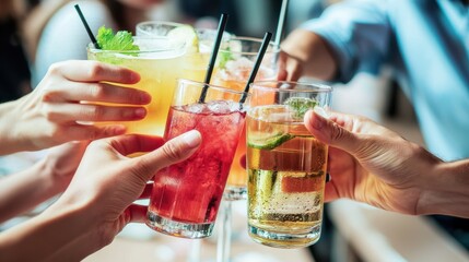 Celebratory toasts with colorful cocktails chic bar beverage photography social atmosphere close-up view festive vibes