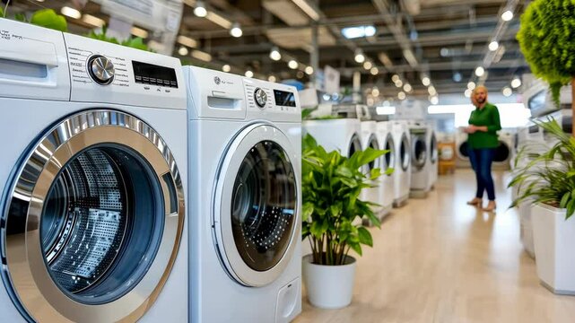 Exploring a modern home appliance store showcasing washing machines and eco-friendly decor in a vibrant shopping environment