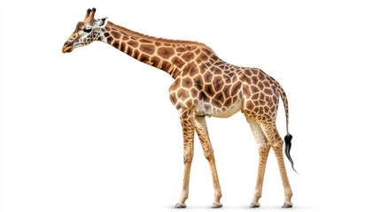 Naklejka premium Giraffe on White Background Profile of a Graceful Mammal