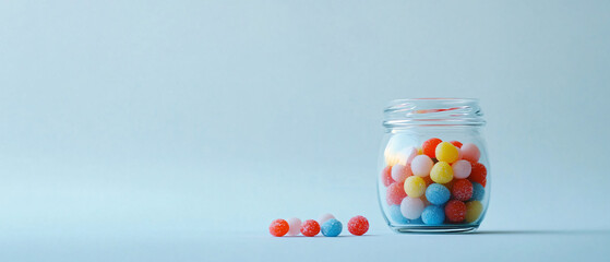 A glass jar filled with pastel-colored candies sits on a blue surface with a few pieces scattered nearby creating a soft delicate aesthetic

