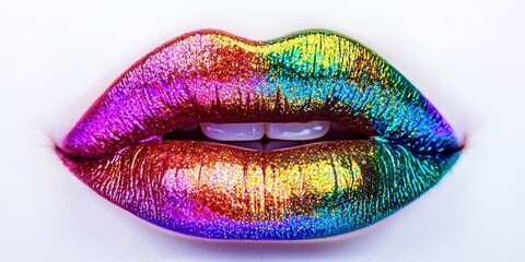 A rainbow colored lip with glitter on it