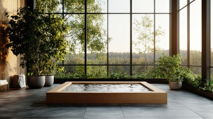 Photorealistic Rende of a Square Wooden Hot Tub in a Modern Wellness Studio with Natural Light and High Fidelity Details for Relaxation and Comfort