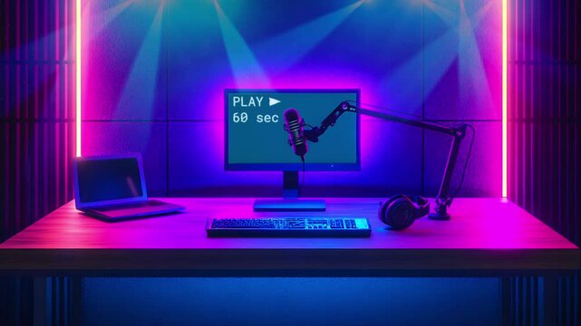 Neon-lit studio setup with computer, microphone, keyboard, headphones, and laptop.