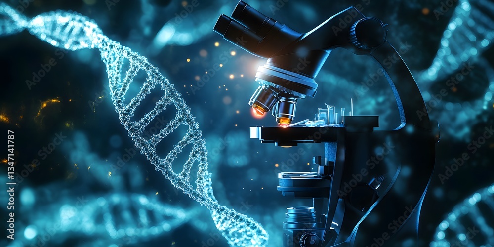 Poster Close-Up of Microscope Examining DNA Structure in Laboratory Setting