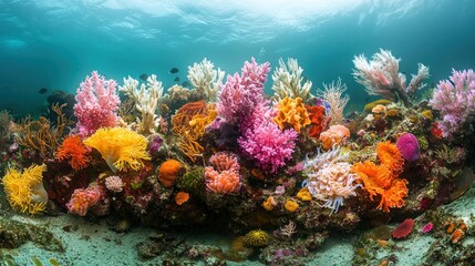 Naklejka premium Vibrant coral reef teeming with life underwater, sunlight filtering through the water. Possible use nature documentary or travel brochure