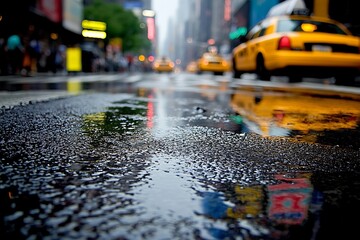 Rainy NYC Street for Yellow Cabs Reflecting.