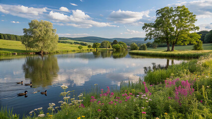 Obraz premium Peaceful Pond with Wooden Bridge and Lush Gardens