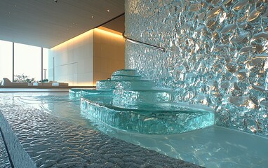 Modern interior with a glass water feature.