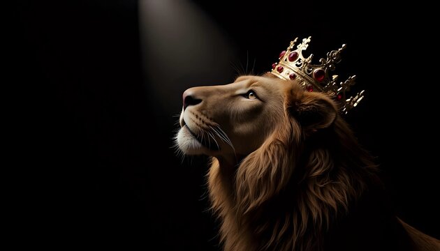 Majestic lion with golden crown looking up in dramatic light - regal power
