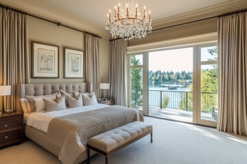 A luxurious bedroom showcases expansive views of the natural landscape outside