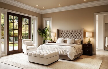 Elegant Bedroom Design Showing Bed Seating Area and Doors with View