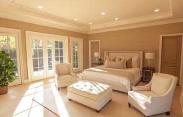 Fototapeta premium A bright and airy bedroom with elegant furniture arrangements