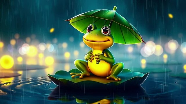 Cute cartoon frog under a green umbrella sitting on a lily pad in the rain at night.