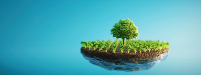 A surreal representation of farmland floating in water