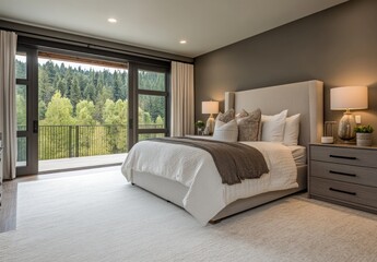A modern bedroom with a large window and forest view