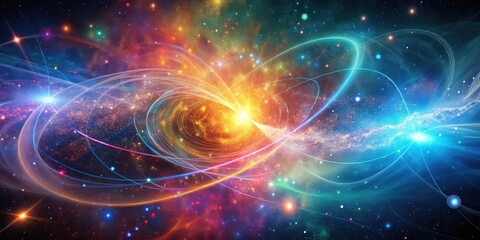 Fototapeta premium Cosmic Energy Streams and Celestial Dance A Vivid Abstract Depiction of Intertwined Galaxies and Energetic Nebulae