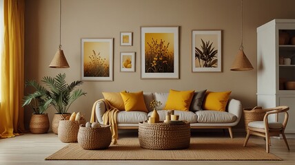 Obraz premium Cozy modern living room with yellow accents, showcasing a serene interior design
