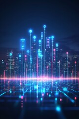 Fototapeta premium Futuristic cityscape with vibrant data streams illuminating the skyline