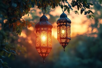 Greetings of Muharram with Islamic lanterns. Generative Ai