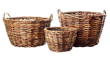 Brown wicker baskets isolated on a transparent background, detailed photo, png 