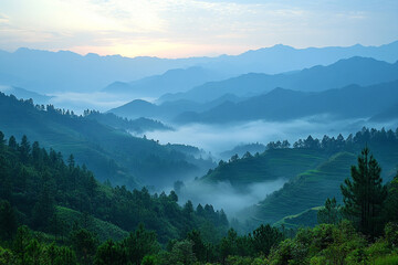 Obraz premium Serene morning mist in mountain valleys