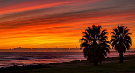 Obraz premium A vibrant orange and red sky at dawn with silhouettes of palm trees along the coast, AI Generated
