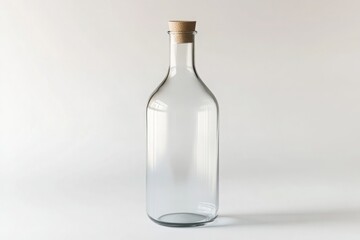A sleek modern glass bottle with a minimalist design, placed on a white background, hyper-realistic, with soft natural lighting.
