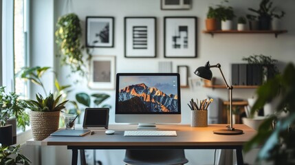 A stylish home office with a minimalist desk setup, featuring a tablet and modern dcor.