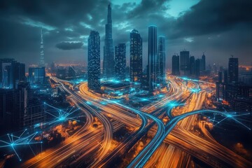 Fototapeta premium Aerial view of a futuristic city with glowing highways and tall skyscrapers at night time scene