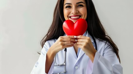 Healthcare professional smiling while holding a heart symbol in a medical environment - Powered by Adobe