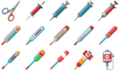 Vector illustration of a colorful set of pens and pencils, including markers, highlighters, and other office tools, designed for education, drawing, and business use
