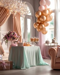 party celebration setup Elegant event setup with decorative balloons, flowers, and a beautifully styled table for special occasions.