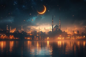Happy Islamic New Year of Hijri, with a dark backdrop and Muharram. Generative Ai