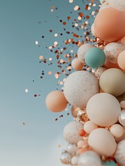 party celebration setup An artistic arrangement of spheres and confetti glimmering against a serene background, evoking creativity and joy.