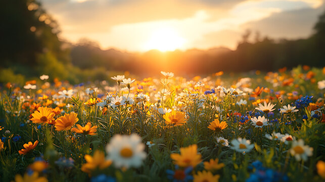 A breathtaking photography showcasing a vast meadow during the evening, with soft, diffused sunlight casting long shadows over the vibrant wildflowers and lush grass.