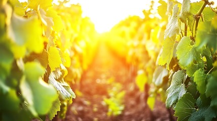 A vibrant vineyard filled with rows of green leafy grapevines
