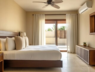 A well decorated bedroom overlooking a sunny outdoor view