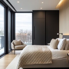 A modern bedroom with large windows and minimalist decor