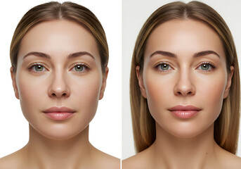 Before and after makeup: a woman's face dramatically transformed by cosmetic enhancement.