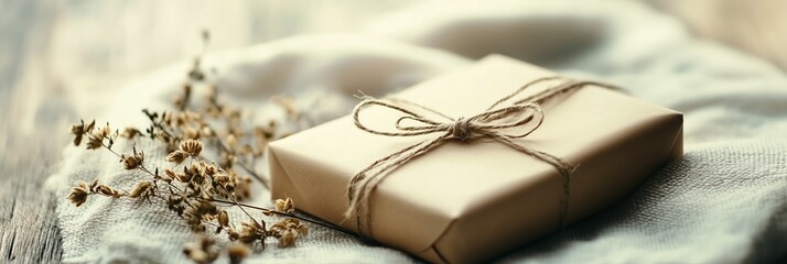 Wrapped gift box with twine tied around it, accompanied by dried flowers on fabric