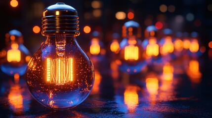 Glowing light bulb, focus on single bulb, warm light, blurred background