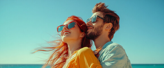 Couple embracing outdoors, woman with red hair, man with brown hair, both wearing sunglasses against a bright blue sky and ocean, symbolizing love, freedom and summer vacation