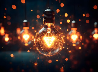 Illuminated light bulbs with glowing connections symbolize ideas and innovation in a digital network. Bright sparks and lines against a dark backdrop enhance the technological concept.