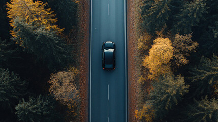 A black car moves along a road cutting through a dense forest with autumn leaves in golden and orange hues viewed from above

