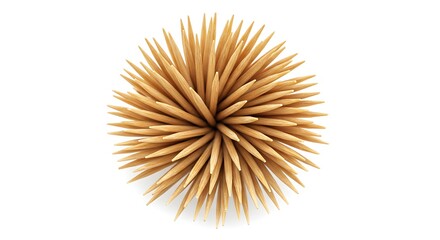 Obraz premium Top view of neatly arranged wooden toothpicks forming a circular spiky pattern on a white background.