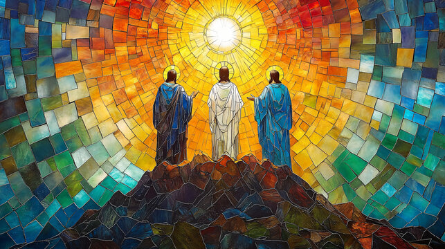Stained glass artwork illustrating the transfiguration of Jesus on the mountain, ideal for religious events like Easter, church decorations, or spiritual discussions.